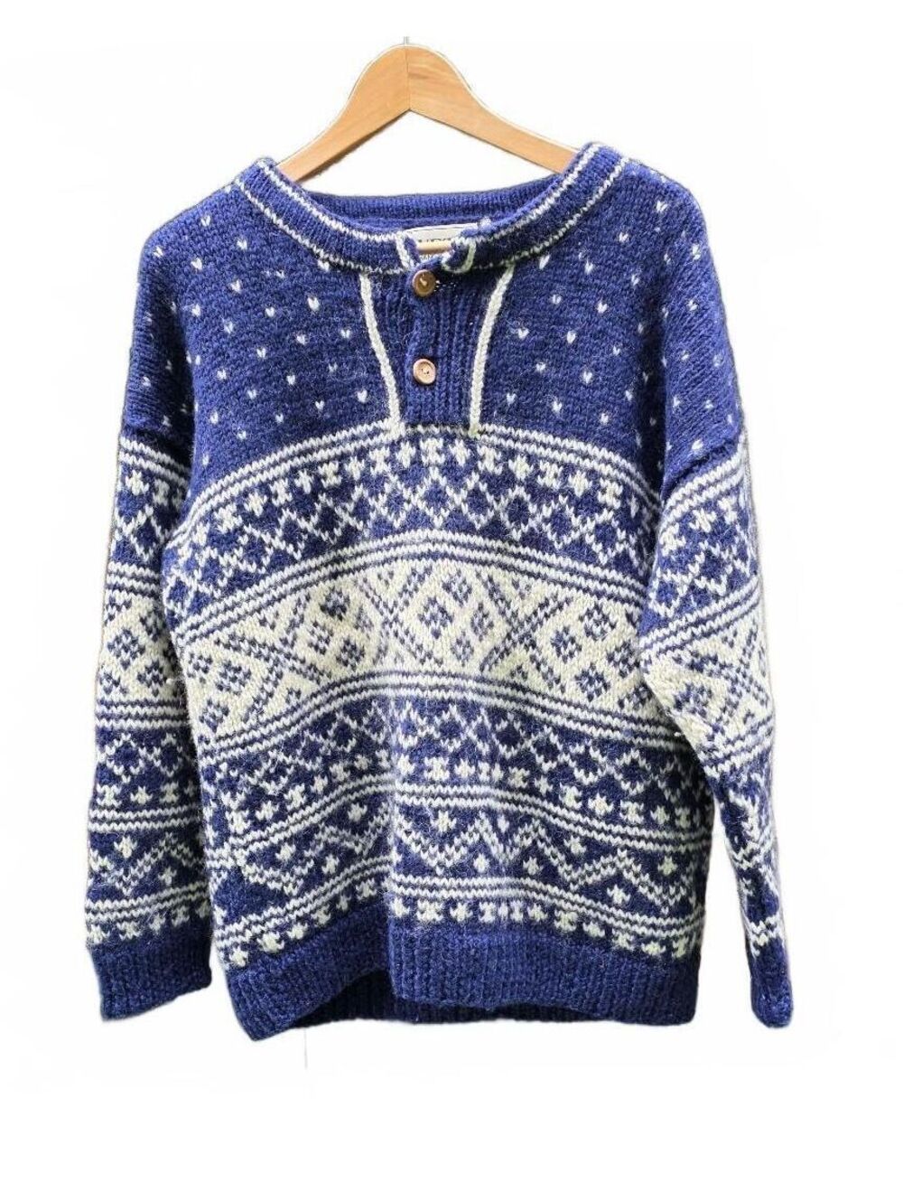 VTG Yeti Hand Knitted 100% Wool Chunky Sweater Medium Blue/Cream Nepalese Med